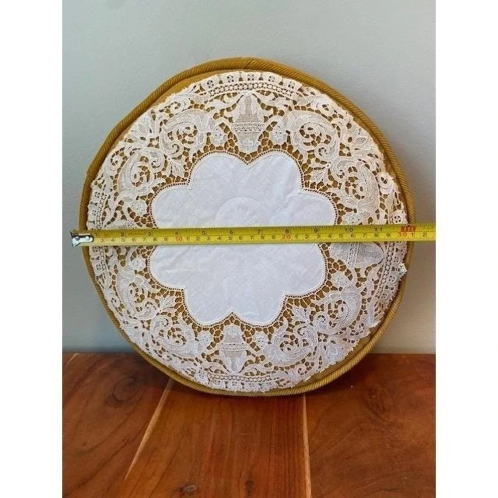 Round Throw Pillow Yellow Corduroy White Lace Accent Cottagecore Vintage Mustard